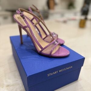 Stuart Weitzman Mondrian Sandal violet/purple Patent Leather Heels sz 38.5 or 8